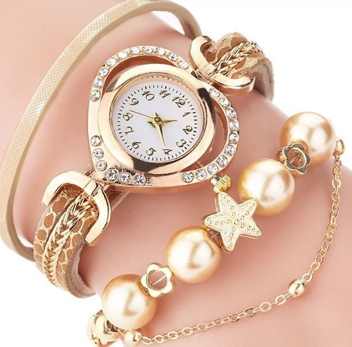 Relógio Feminino Vintage Bracelete Pulseira Pérolas Pingente
