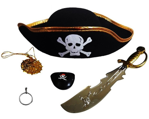 Kit Chapéu Pirata Hallowen Infantil Caveira  3 Até 8 Anos