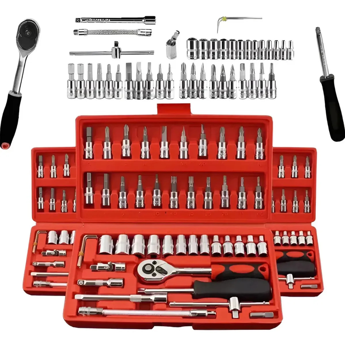 Kit Ferramentas Soquetes 46u Catraca Reversível Profissional Vermelho