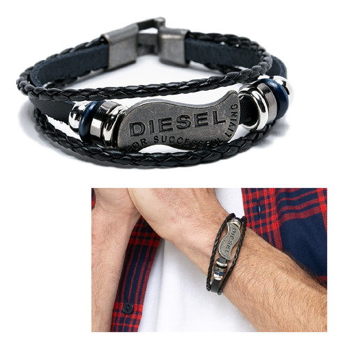 Pulsera Placa Diesel Con Cuero Trenzado Azul