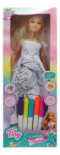 Muñeca Tiny Pinta Su Vestido + 5 Marcadores Caja Chica Tiny