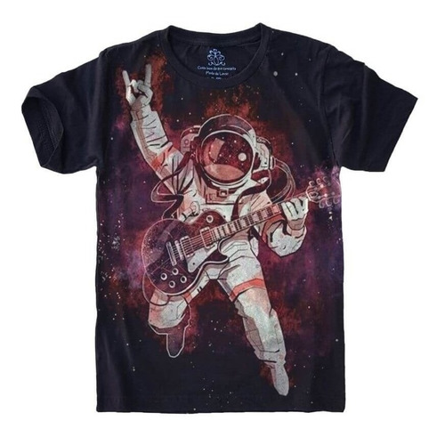 Camiseta Frete Grátis Plus Size Universo Astronauta Guitarra