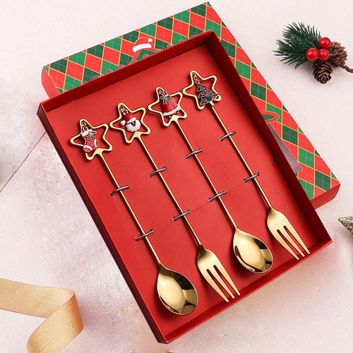 Q Cuchara De Navidad Y Tenedor De Postre Navideño De Acero
