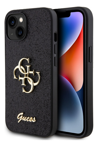 Funda Para iPhone 15 De Guess Glitter Negro Logo