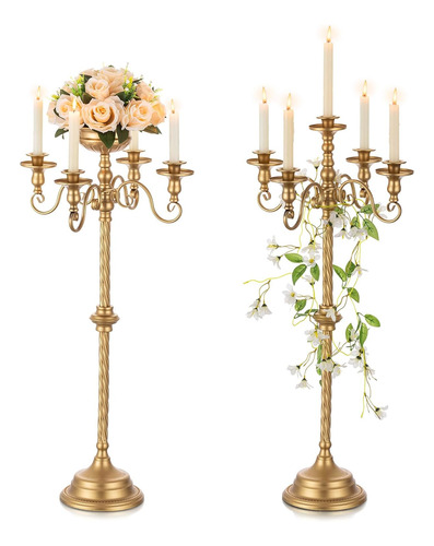 Nuptio Candelabro De 5 Brazos: 2 Candelabros Dorados De 33.5