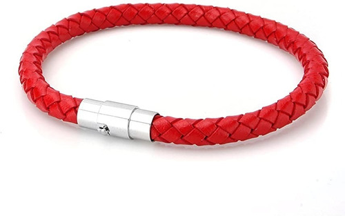 Pulsera Cuero Vacuno Rojo Con Cierre Magnetico Inoxidable