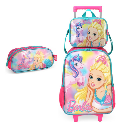 Kit Mochila Carrinho Lancheira Estojo Barbie Princesa Sereia