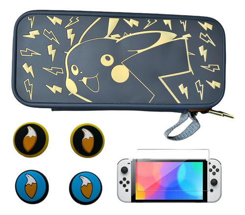 Estuche Rígido +4 Grips +vidrio Pikachu Nintendo Switch Oled