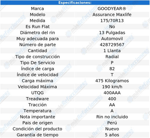 Llanta Goodyear Assurance Maxlife P 175/70r13 82 T