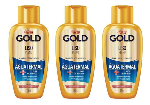  Shampoo Niely Gold 275ml Água Termal Liso Pleno - Kit C/3un