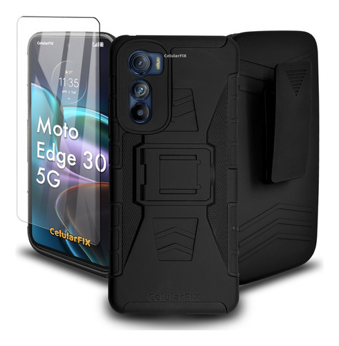 Funda Protector P/ Motorola Edge 30 5g, Rudo Clip C/ Cristal Color Negro Motorola Edge 30 5g