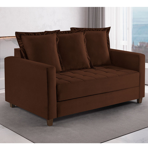 Sofa Cama Rocca Colchao Casal Pés De Madeira Talento Móveis Cor Caramelo Com Castanho