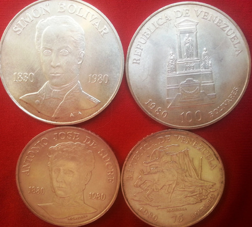 2 Monedas De Plata:150 Años Muerte S. Bolívar Y A. J. Sucre