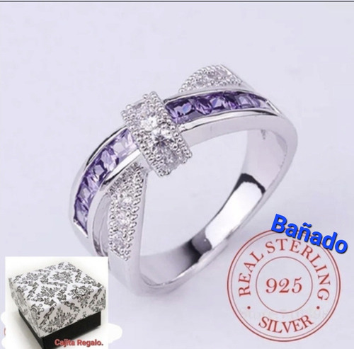 Anillo Mujer Lila,plata De Ley 925+ Cajita, Talla 6/7/8.