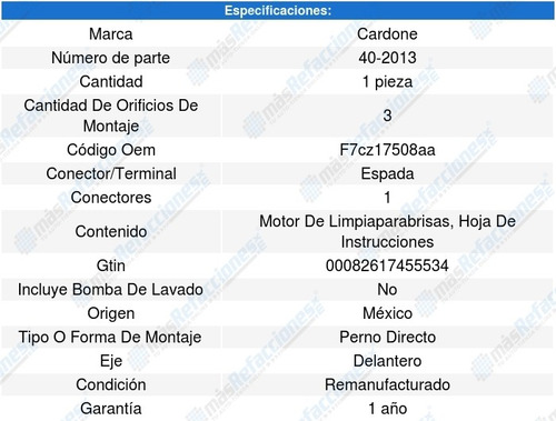 Motor Limpiaparabrisas Delantero E-150 Econoline 97 A 01 (Reacondicionado)