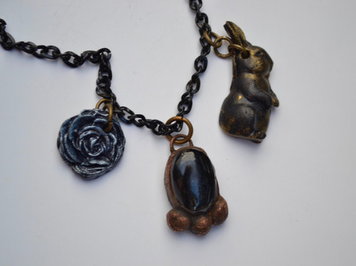 Collar Boho Con Piedra Obsidiana Negra, Flor, Conejo, Cod1