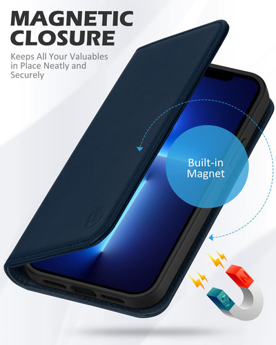 Funda Tipo Cartera Shieldon Para iPhone 13 Pro Max 5g, Color Azul Marino