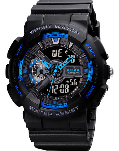 Reloj Deportivo Hombre Burk 1688 Alarma Cronometro Luz ! Color de la malla Negro Color del bisel Azul