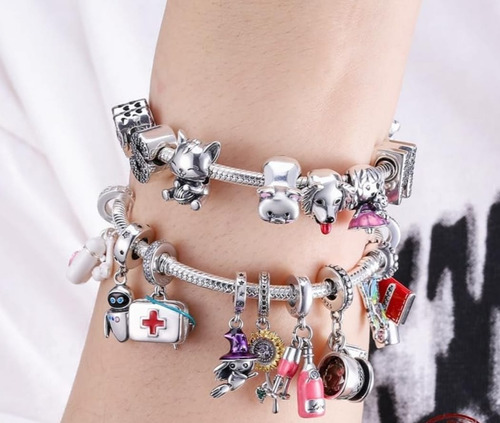 Pulsera Para Charms Plata Real S925, Corazón Rosa, Brazalete
