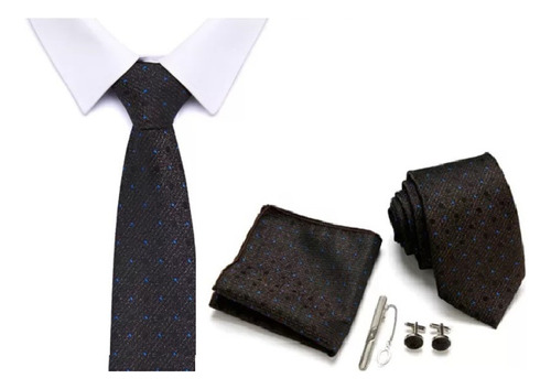 Set Corbata, Pañuelo/colleras Seda Visada Negro/puntos Azule