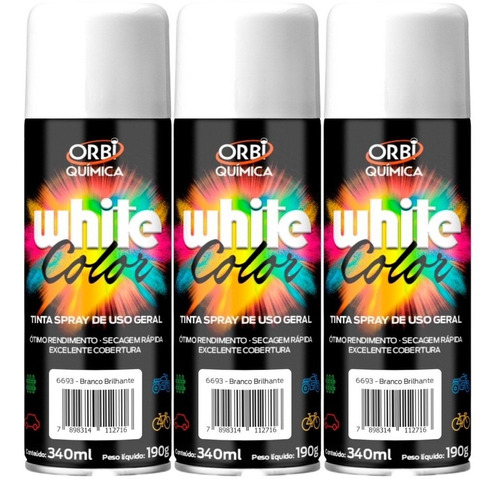 Tinta Spray Branco Brilho Uso Geral Orbi 340ml - 3 Unidades