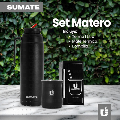 Equipo Matero Sumate Termo Mate Y Bombilla Acero Inoxidable Color Negro