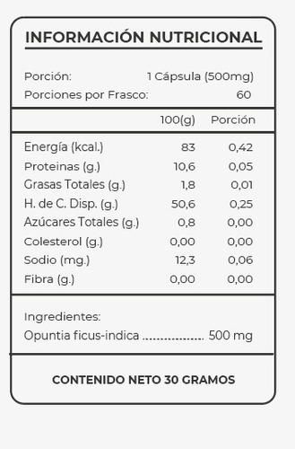 Nopal 60 Capsulas 500mg. 100% Natural Vb. Agronewen Sin sabor