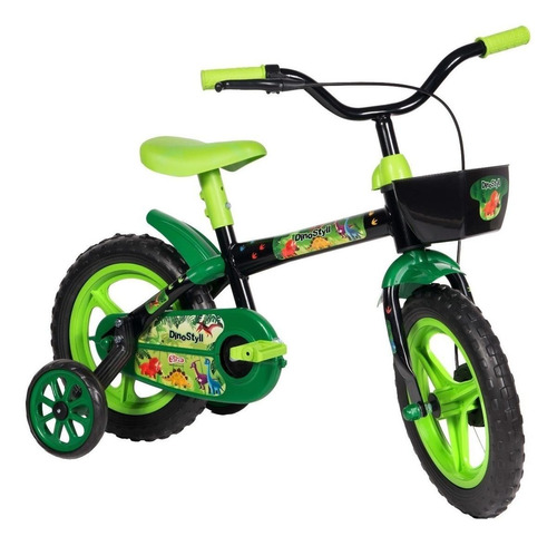 Bicicleta  infantil Styll Baby Dino Styll aro 12 cor preto/verde com rodas de treinamento