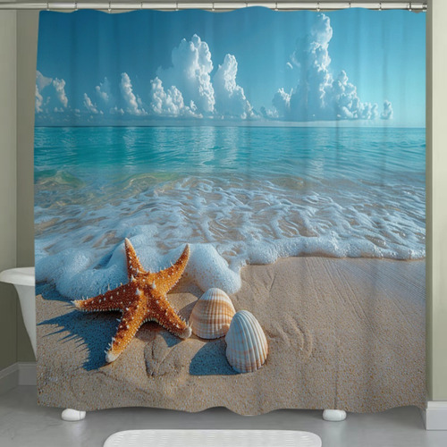 Cortina De Baño Con Patrón Estrella De Mar Y Concha, 180*180