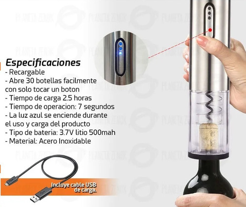 Imagen 4 de 6 de Sacacorchos Automatico Vino Destapador Vinos Electrico