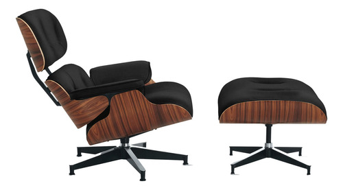 Poltrona Charles Eames Com Banqueta Couro Natural Legítimo Cor Pau-ferro - Preto Desenho Do Tecido Liso