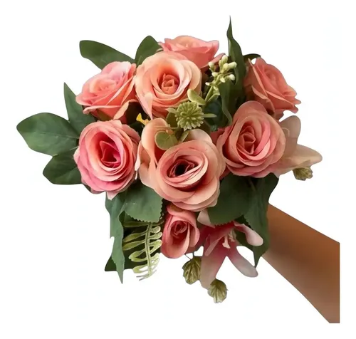 Buquê De Rosa Com Botão Lírio Folhagem Artificial Decoração