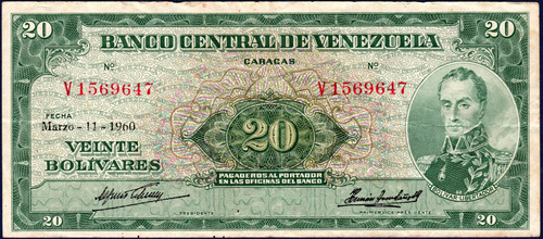 Billete De 20 Bolívares V7 Marzo 11 1960 Simón Bolívar