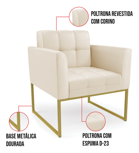Kit 1 Sofá E 2 Poltronas Corino Bege Base Industrial Dourado