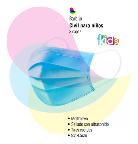 Imagen 2 de 5 de Barbijo Tricapa Niños Celeste X 100 Unidades Con Certifica