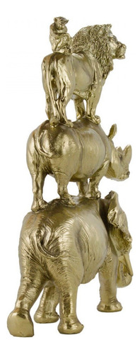 Elefante Rinoceronte Leão Macaco Dourados De Resina 32 Cm Cor Dourado