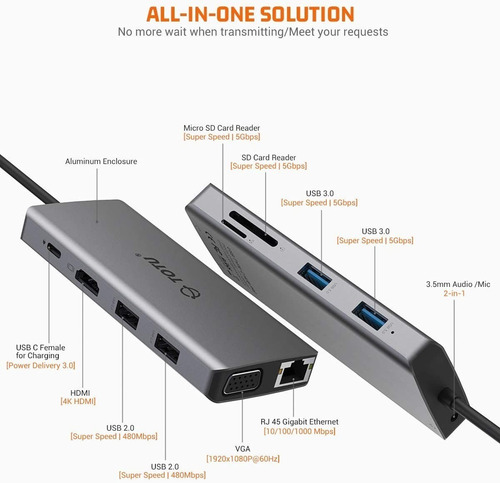 Adaptador Hub Totu 11en1 Usb C Hdmi Vga Red Para Chromebook