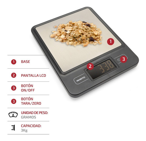 Imagen 5 de 9 de Balanza Cocina Digital Femmto C03 Para Pesar Alimentos Capacidad máxima 3 kg Color Plateado