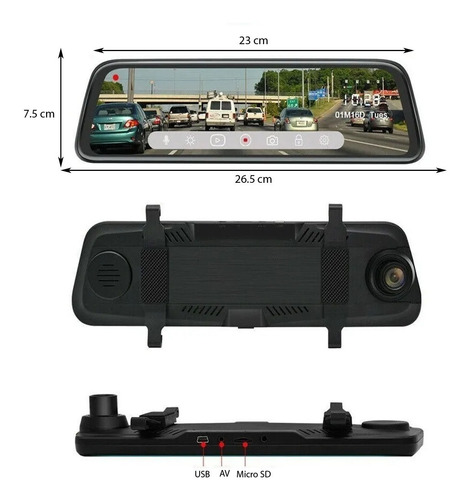 Imagen 2 de 10 de Espejo Retrovisor Doble Camara Reversa Hopemob 9.6 Touch Hd