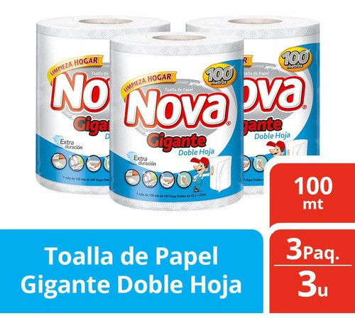 Imagen 1 de 8 de Pack 3 Toalla De Papel Nova Gigante 100 Mt