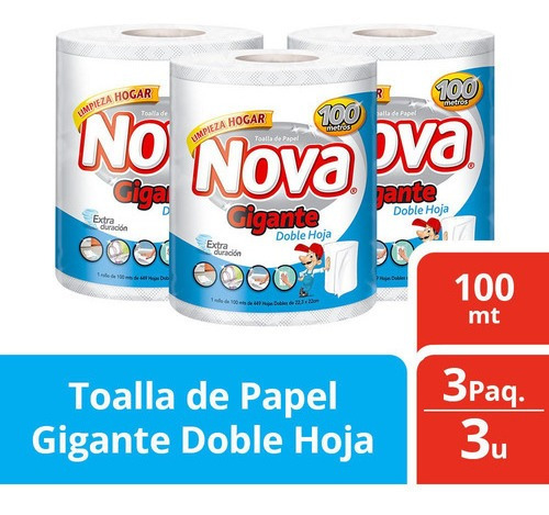 Pack 3 Toalla De Papel Nova Gigante 100 Mt