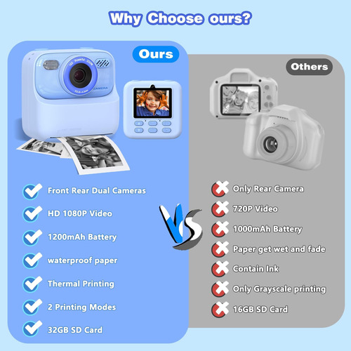 Cámara Digital Para Niños, Impresora Instantánea, Video Hd A