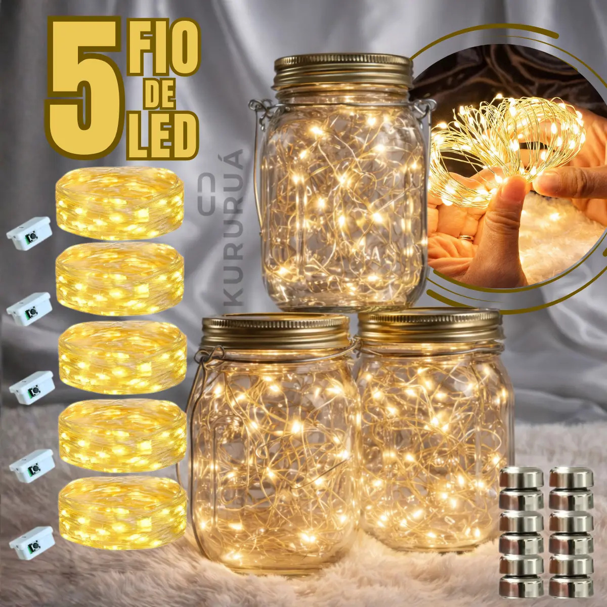 Kit 05 Fio De Fada Cordão De Led 2 Metro E 20 Leds Cada Pilhas Inclusa Luz Amarelo Pisca Pisca Natal Decoração Marca Kururuá