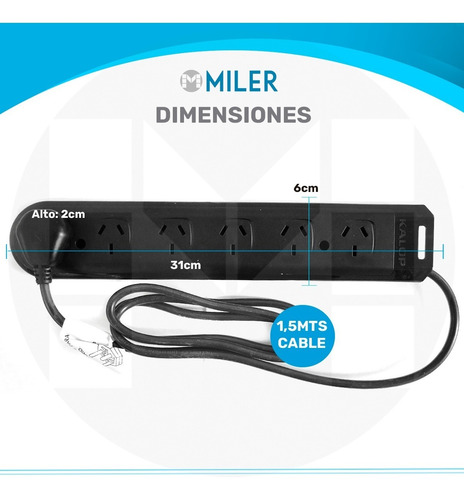 Imagen 3 de 10 de Zapatilla Prolongador Iram 6 Tomas 1,5 Mts Cable Negra Kalop