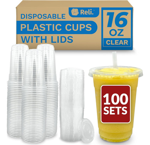 Vasos De Plástico Con Tapas, 16 Oz (100 Juegos A Granel) | V