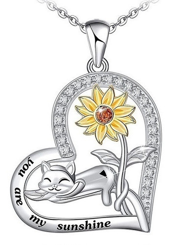 Collar Corazon Gatito Y Girasol Plata Fina 925 Regalo Mujer