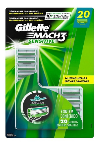 Cartuchos Para Afeitar, Gillette Mach3 Sensitive, 20 Pzs