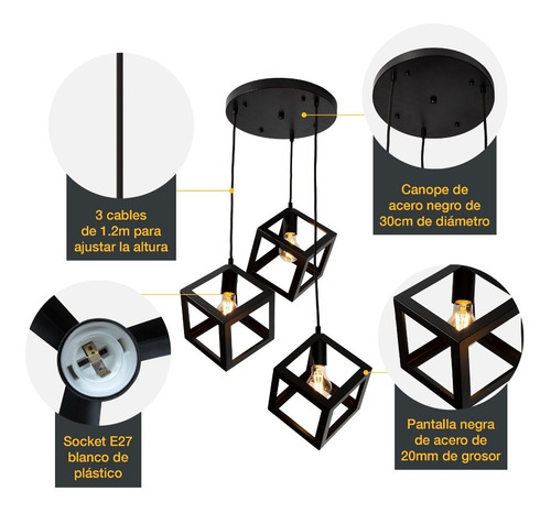 Imagen 5 de 8 de Lámpara Colgante Moderno Negro 40w E27 3 Luces