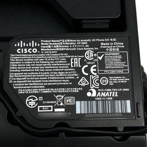 Teléfono IP Cisco Poe Cp-3905/sin fuente
