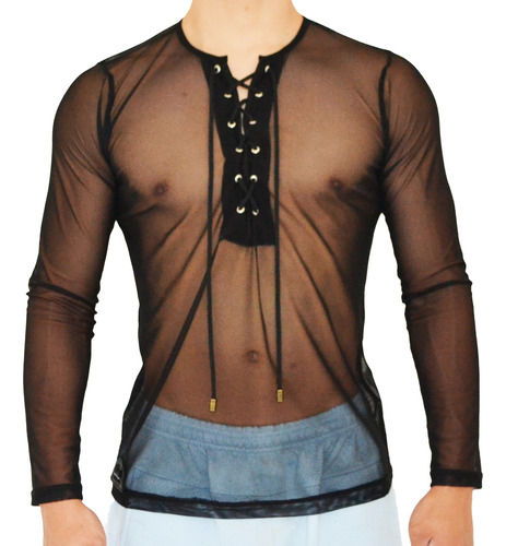 Camisa Transparencia,  Manga Larga De Mesh Negro D' Paul Esp